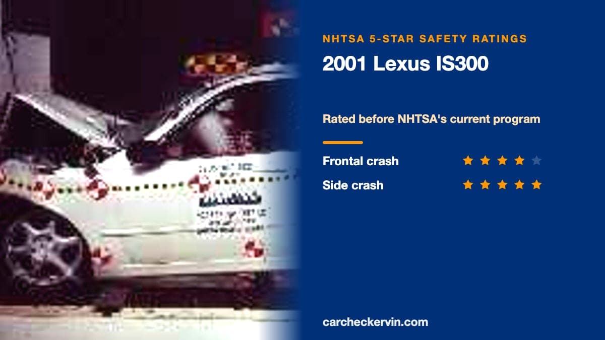 NHTSA crash test of the 2001 Lexus IS300 beside its 5-Star safety ratings