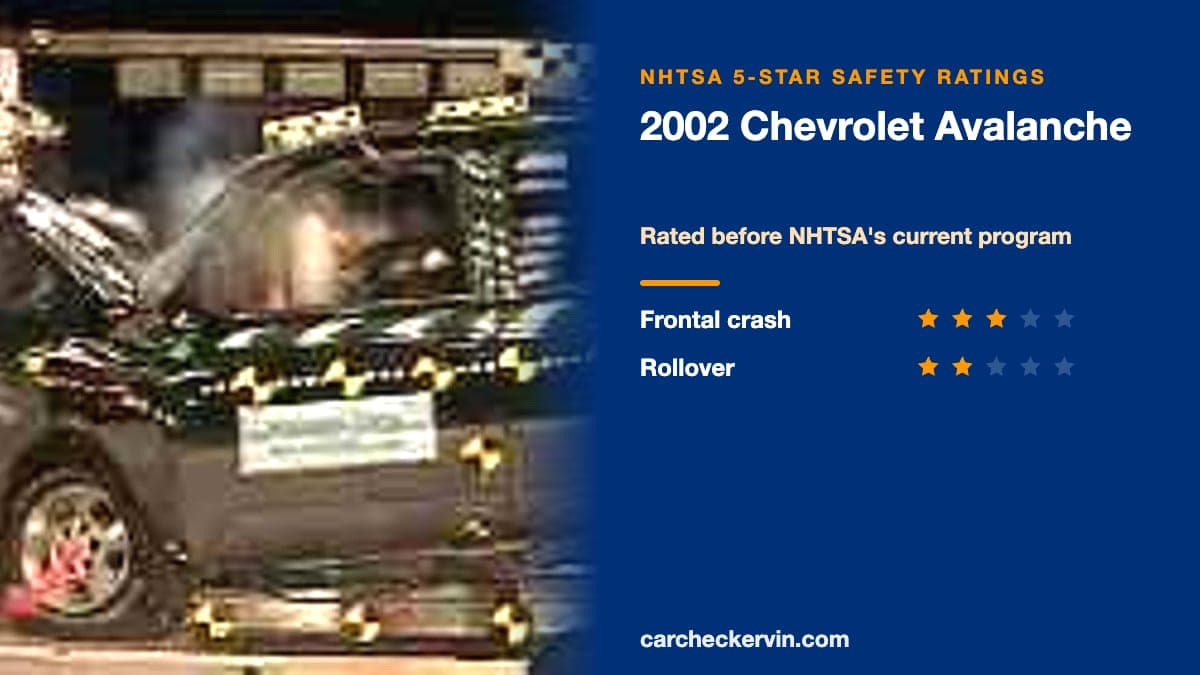 NHTSA crash test of the 2002 Chevrolet Avalanche beside its 5-Star safety ratings