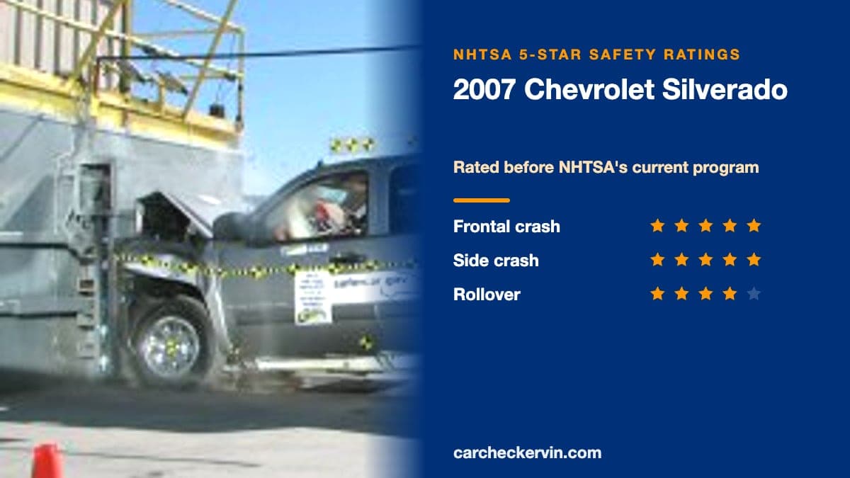 NHTSA crash test of the 2007 Chevrolet Silverado beside its 5-Star safety ratings