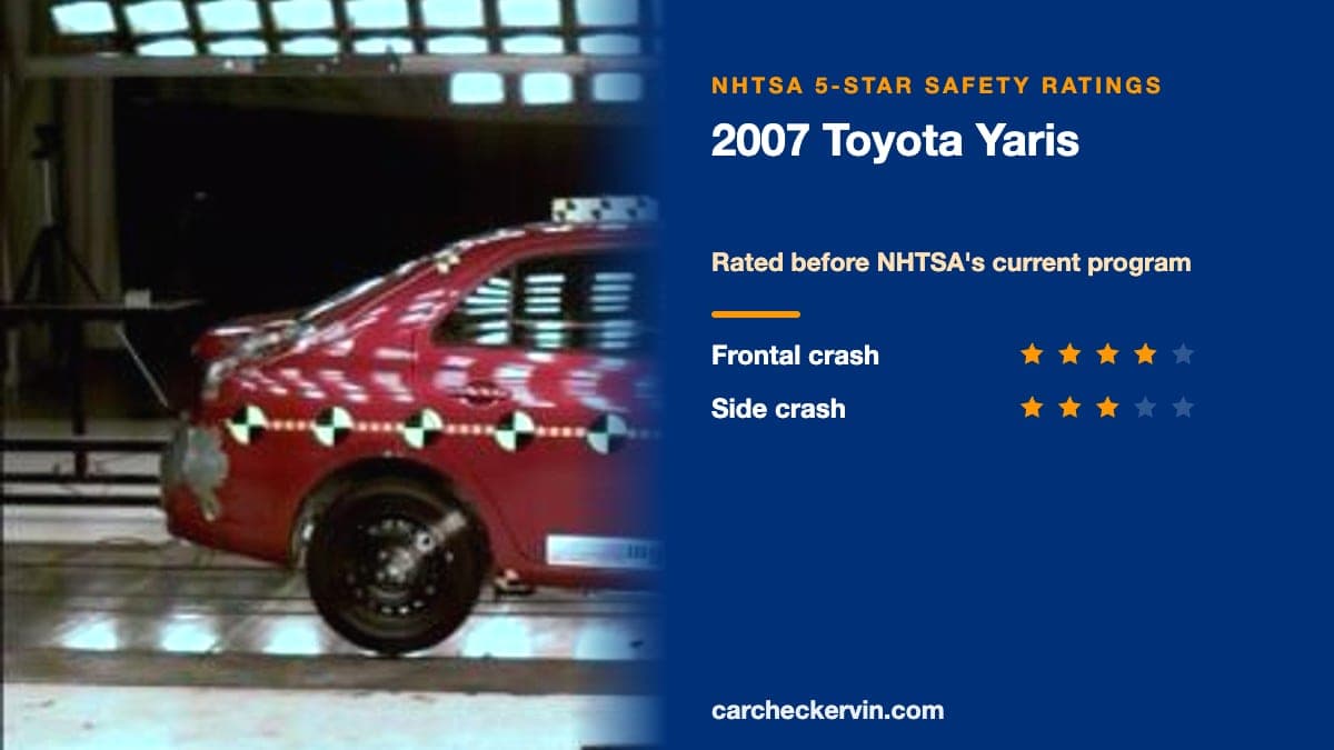 NHTSA crash test of the 2007 Toyota Yaris beside its 5-Star safety ratings