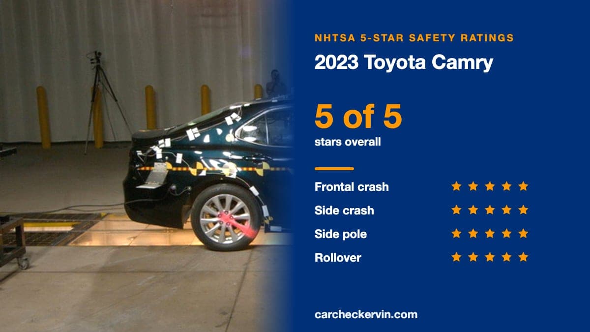 NHTSA crash test of the 2023 Toyota Camry beside its 5-Star safety ratings