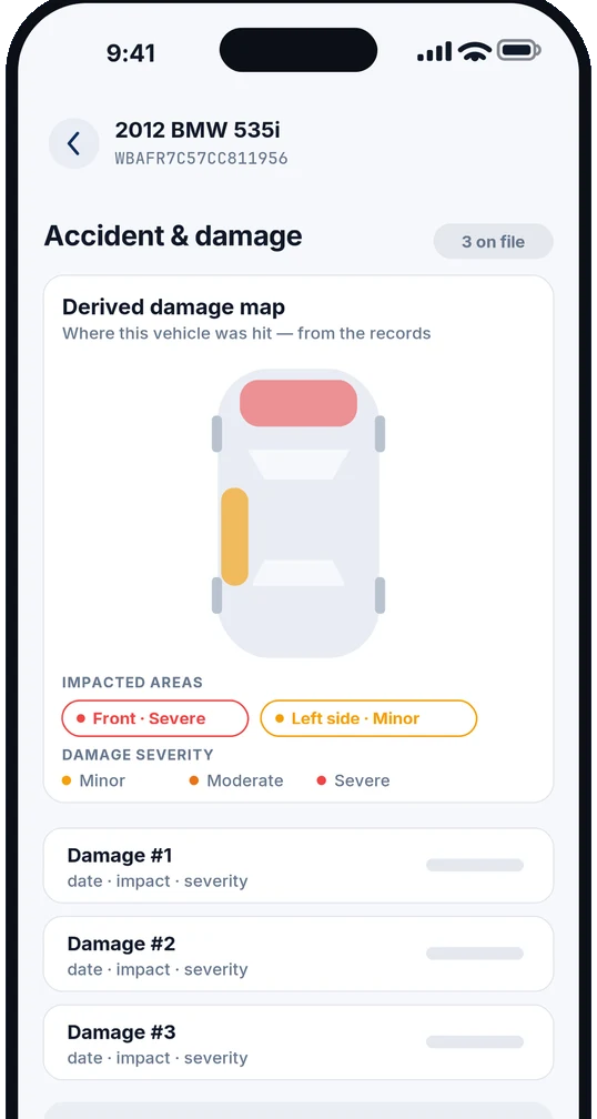 Accident and damage screen showing a derived damage map with the front marked severe and the left side marked minor