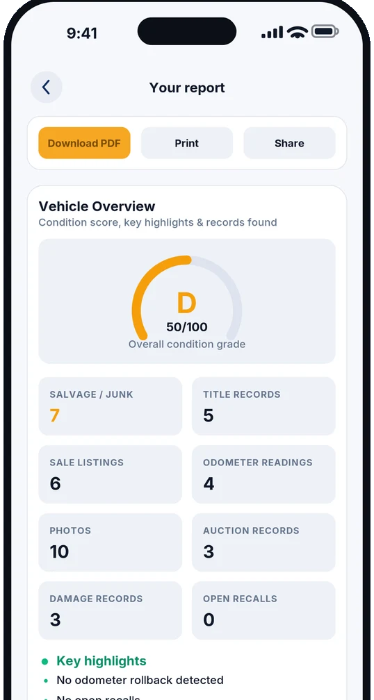 Vehicle history report in the CarCheckerVIN app with an overall condition grade of D at 50 out of 100 and counts for every record type