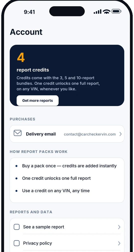 Account screen showing four report credits remaining, an explanation that credits come with the 3, 5 and 10-report bundles, and the delivery email reports are sent to