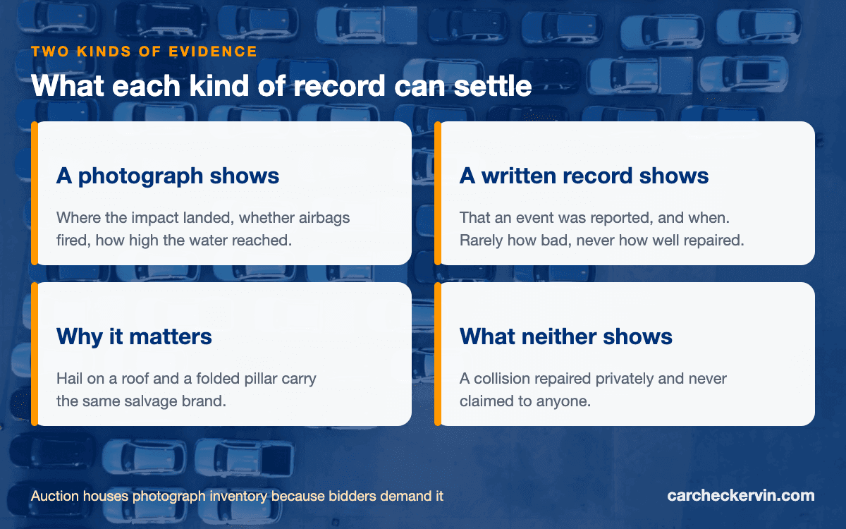 Auction photographs compared with written vehicle history records as evidence