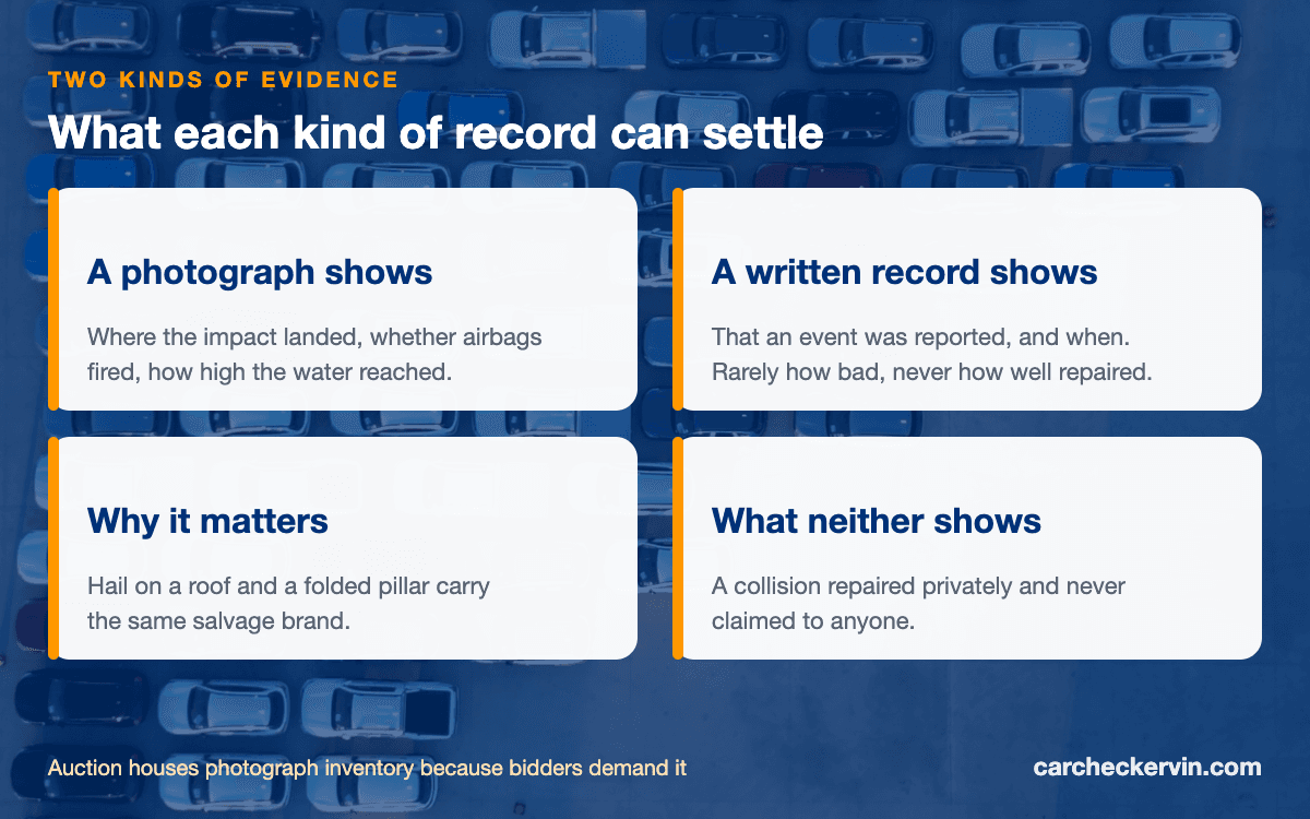 Auction photographs compared with written vehicle history records as evidence