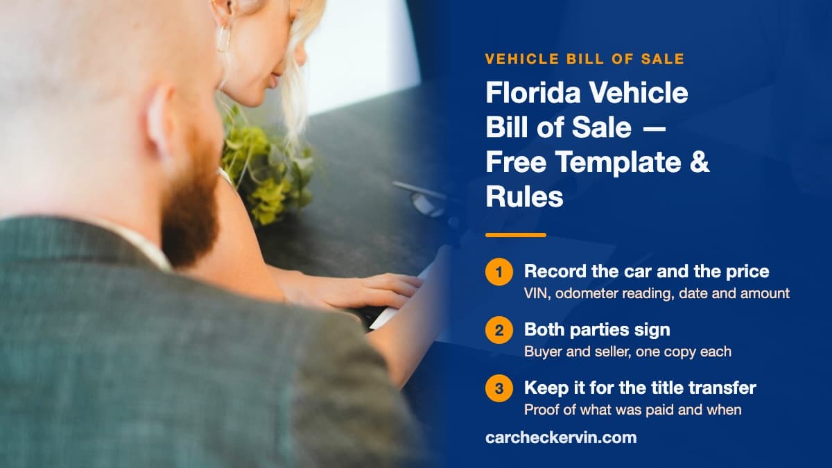 Filling out a vehicle bill of sale in Florida with buyer and seller details