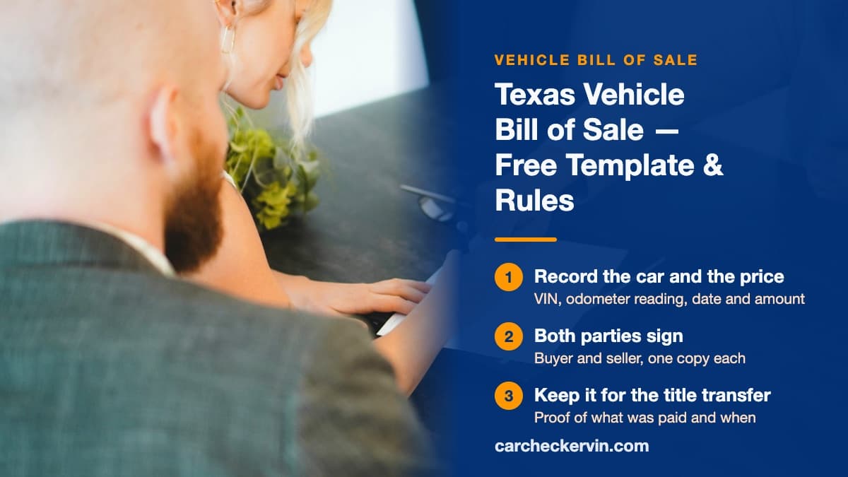 Filling out a vehicle bill of sale in Texas with buyer and seller details