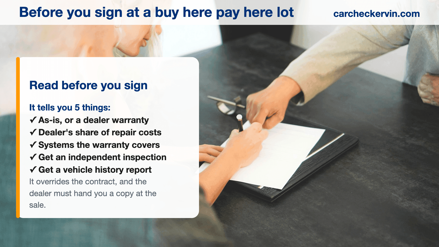 Two people signing paperwork across a dealership desk, beside a card listing what to read on the Buyers Guide before signing a buy here pay here contract