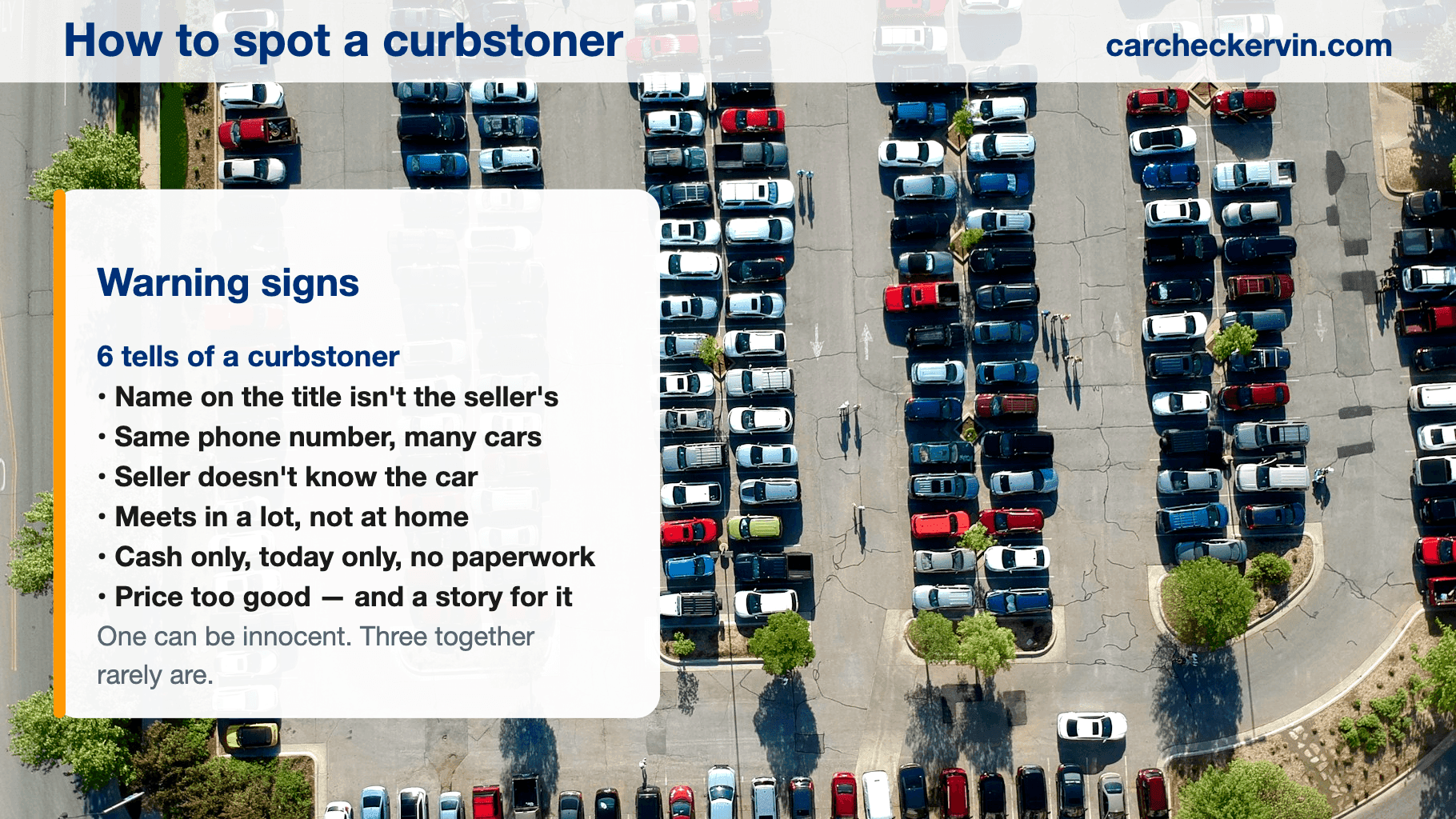 Checklist card listing the warning signs of a curbstoner, laid over a photo of cars parked along a street