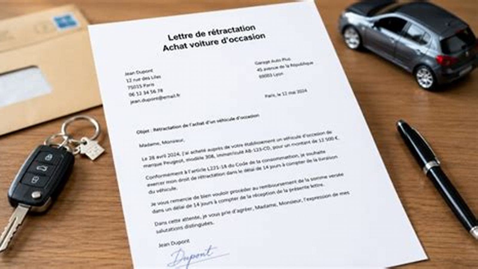 used car buyer paperwork dealership France — vehicle photo