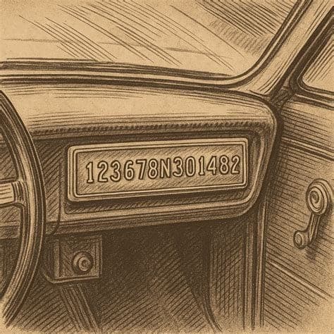 Close-up photo of a vehicle VIN plate on the dashboard