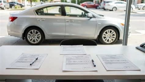 DMV title transfer paperwork being processed at a service counter