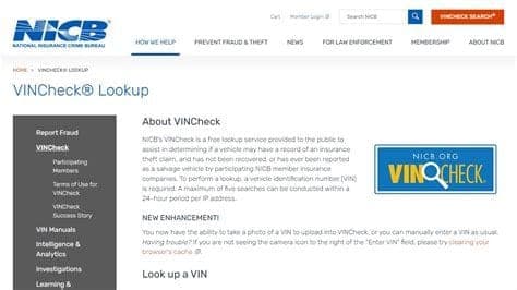 Screenshot of NICB VINCheck free stolen vehicle lookup tool