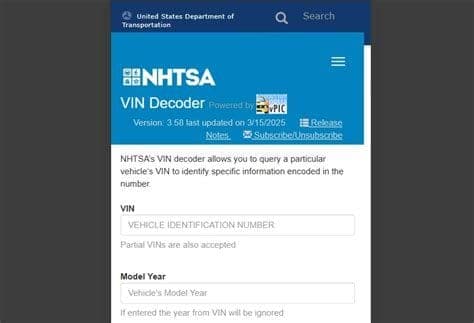 NHTSA VIN decoder website on a computer screen