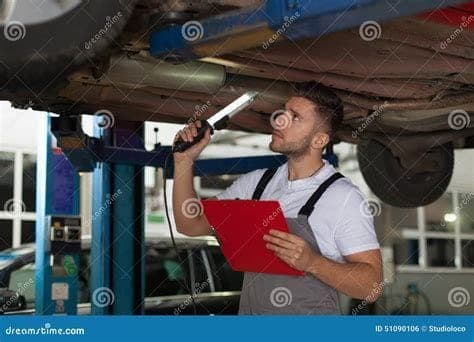 Mechanic performing a frame inspection on a rebuilt vehicle before re-titling