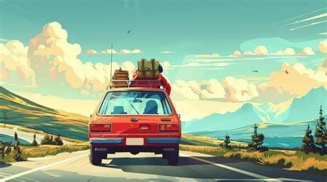 Family vehicle loaded for a summer road trip on a highway