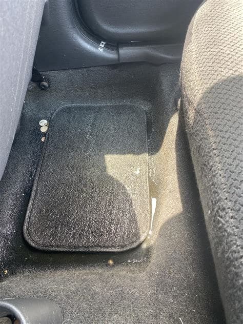 Vehicle with back seat removed showing rusted floor pan and seat-belt anchors
