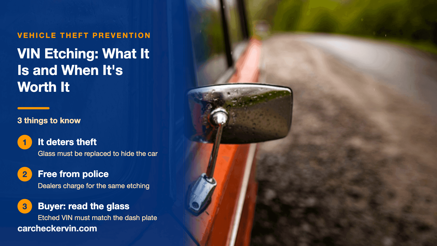 Close-up of a car's side window and mirror, with a panel explaining what VIN etching is and three checks before you pay for it