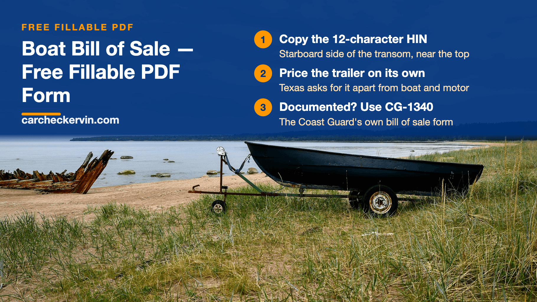 Small boat on its trailer on a beach, with three steps for a boat bill of sale