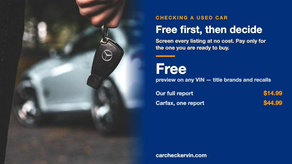Car keys held in front of a used car, beside the cost of checking one: a free VIN preview covering title brands and open recalls, a full report at $14.99, and a single Carfax report at $44.99.