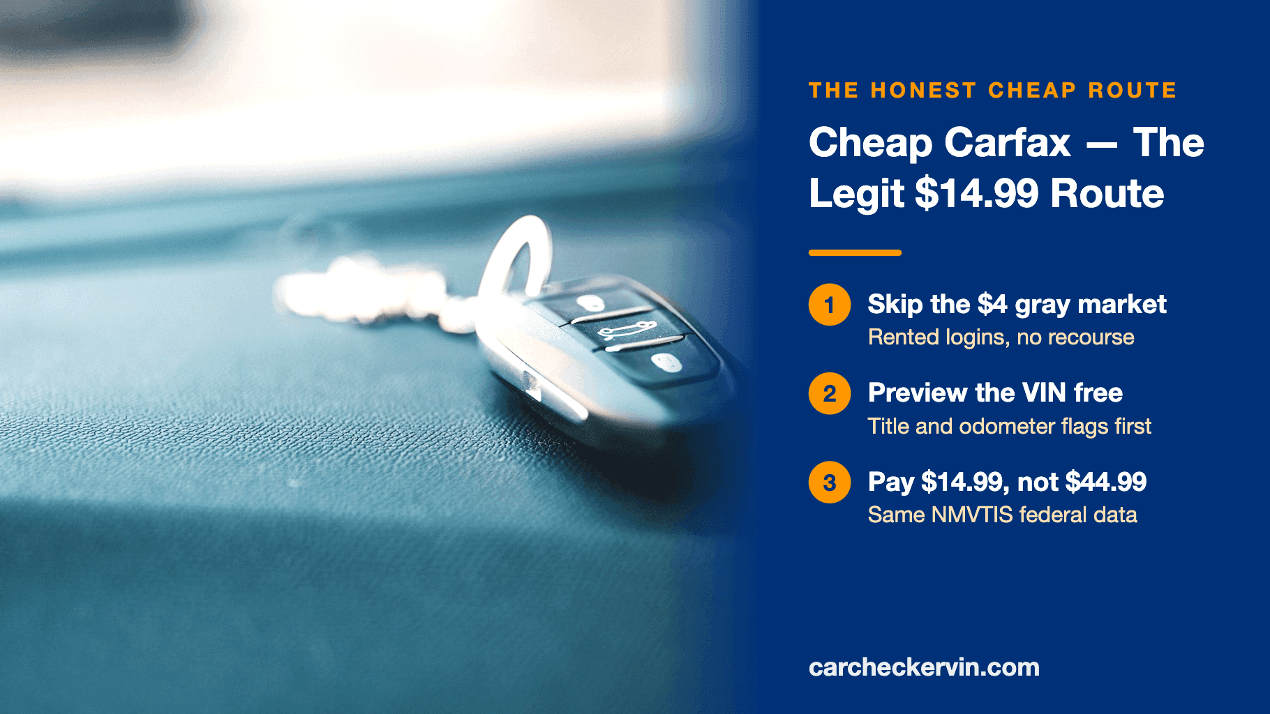 Car key fob on a dashboard with cheap Carfax pricing panel