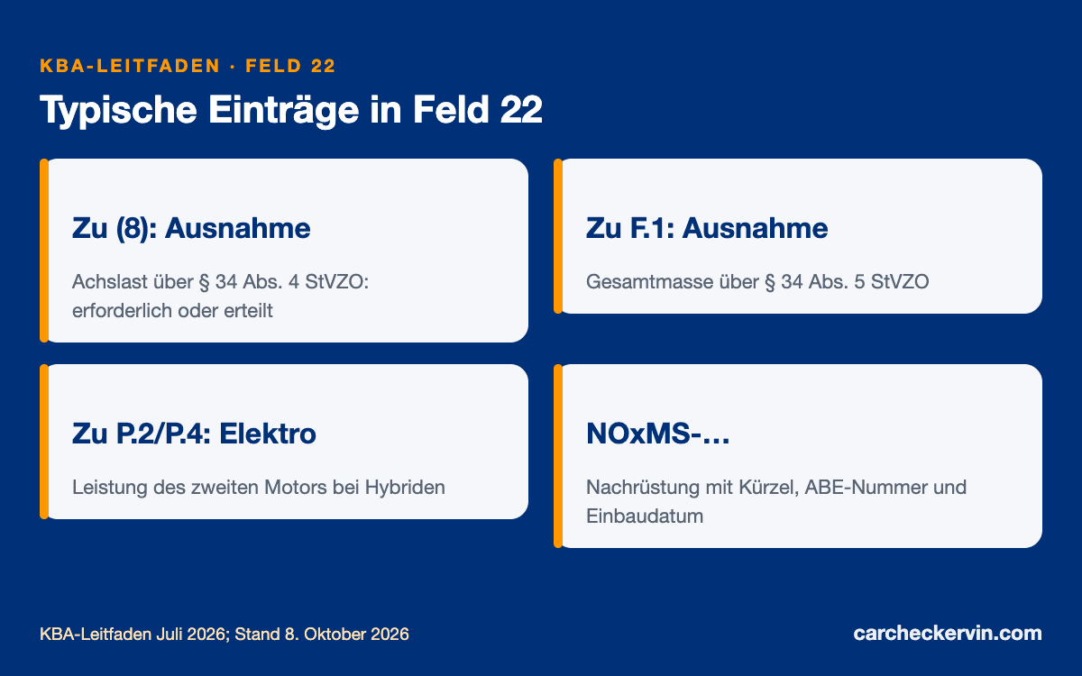 Feld 22 im Fahrzeugschein: typische Einträge zu Achslast, Gesamtmasse und Nachrüstung