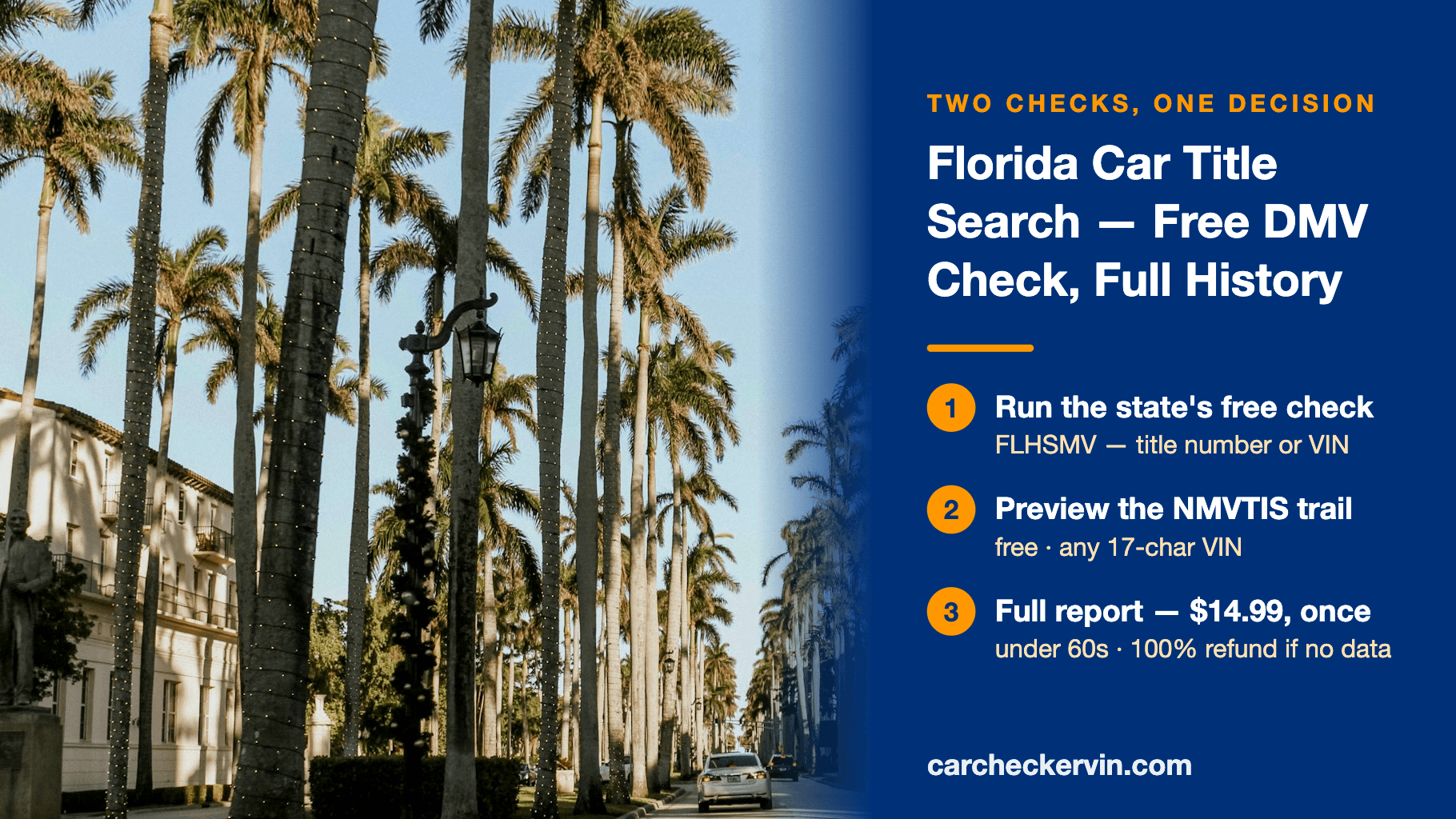 Florida car title search steps shown over the vehicle history report interface