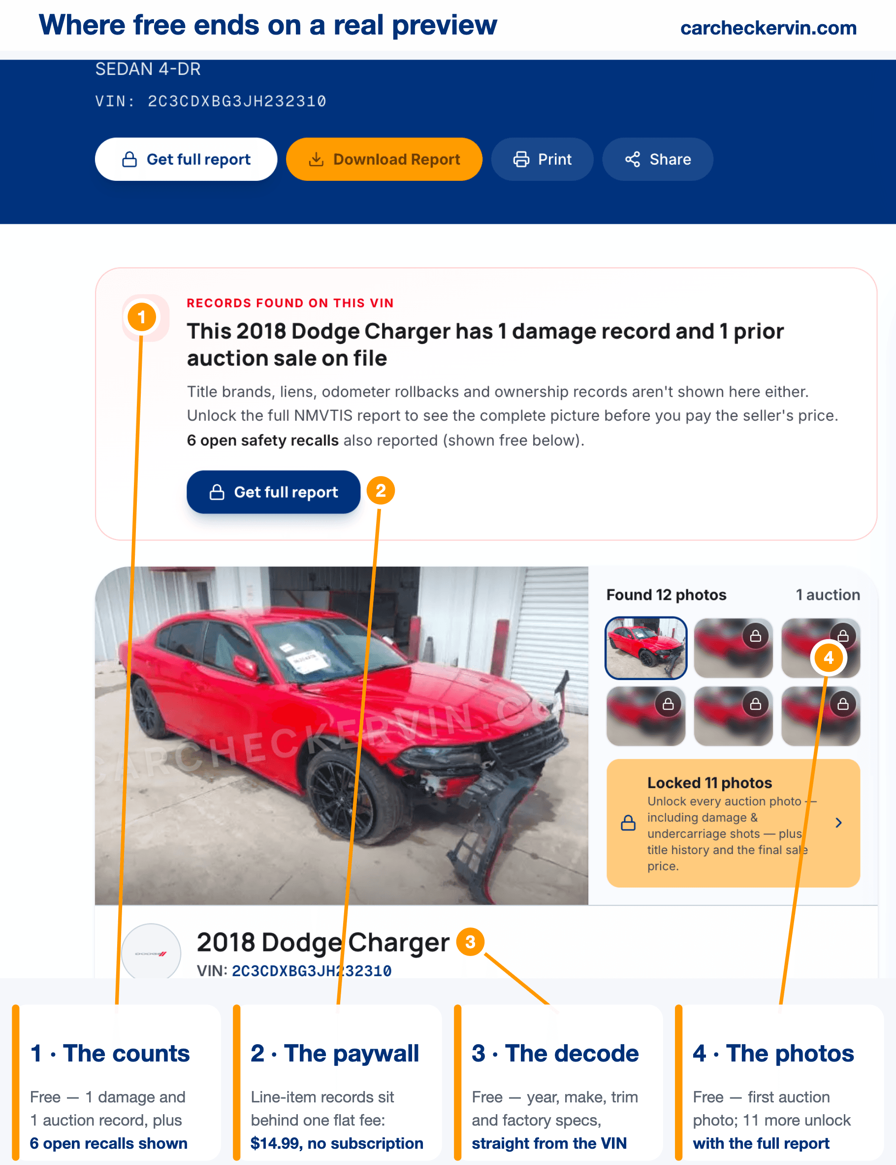 Free vehicle history preview labelled where free data ends