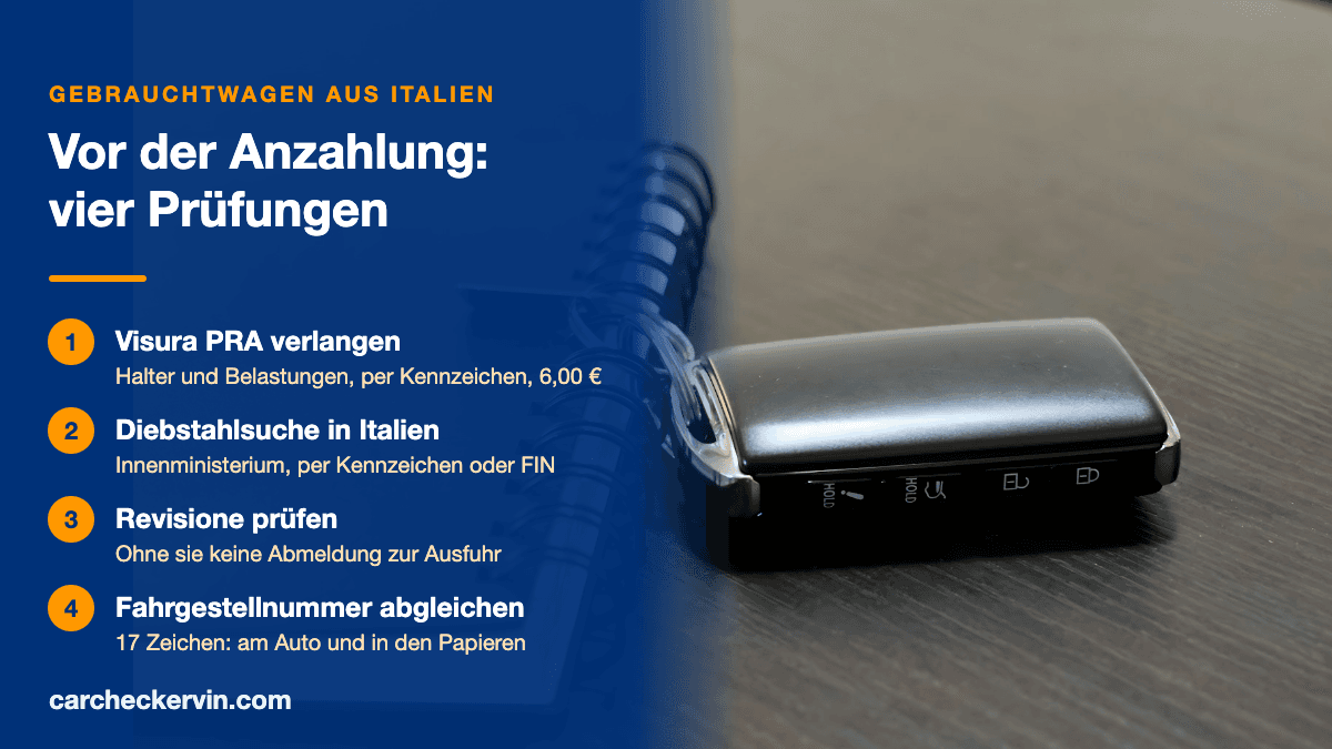 Autoschlüssel auf Notizbuch mit vier Prüfungen vor der Anzahlung in Italien