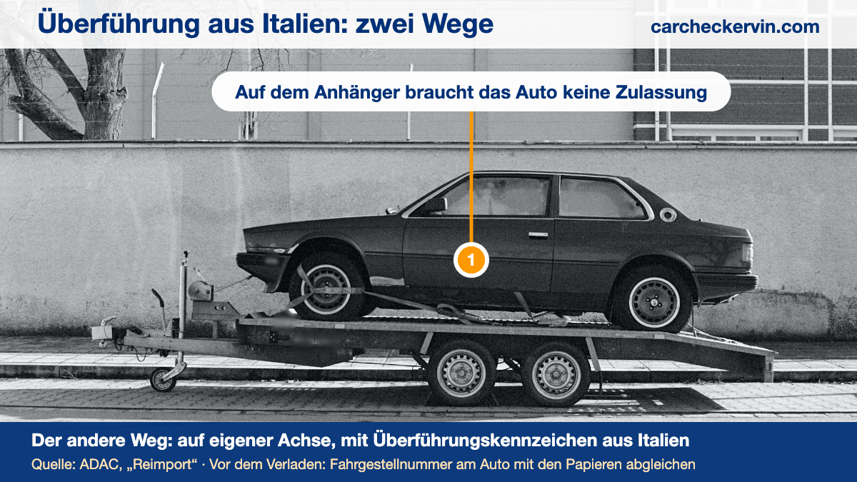 Gebrauchtwagen auf einem Autoanhänger: auf dem Anhänger braucht das Auto keine Zulassung