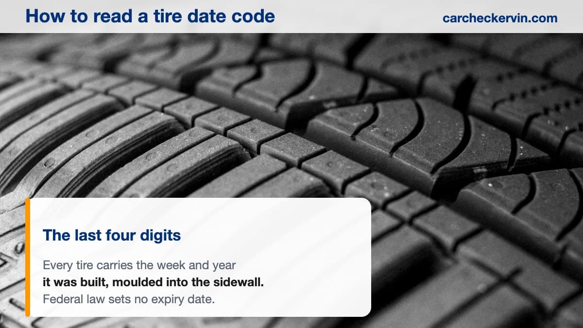 The sidewall of a car tire, where the moulded DOT identification number and date code are found
