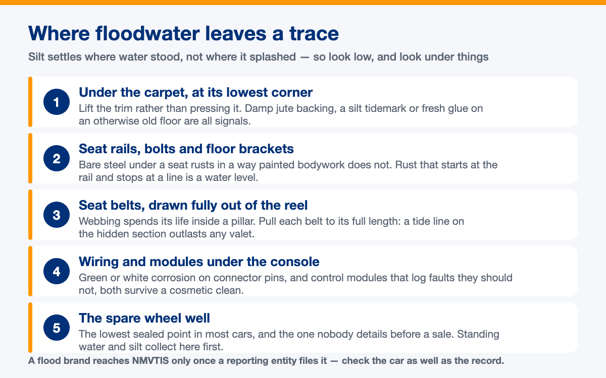 Five places floodwater leaves a trace in a car: under the carpet, the seat rails, seat-belt webbing, wiring under the console and the spare wheel well
