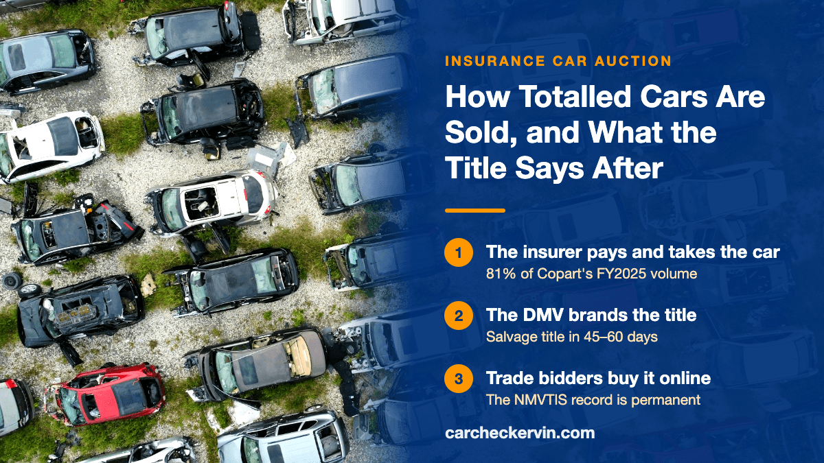 Rows of damaged vehicles in a salvage auction storage yard with the insurance total-loss route summarised