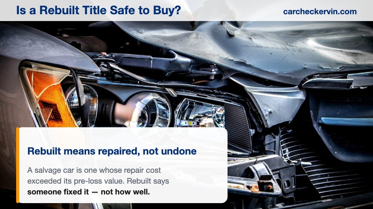 A car with a crushed hood, broken headlight assembly and buckled front panel — damage of the kind that leads to a salvage title