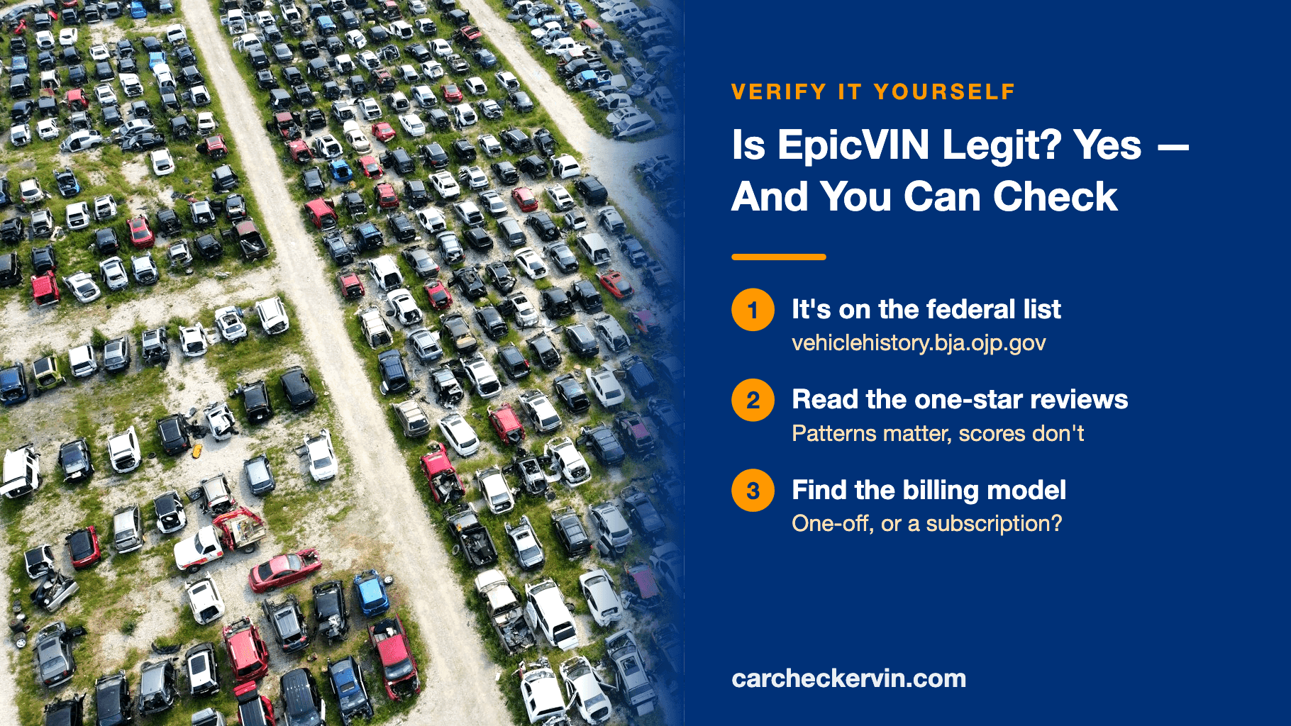 Is EpicVIN legit — title card over an aerial salvage yard, listing the three checks: the federal NMVTIS provider list, the one-star reviews, and the billing model