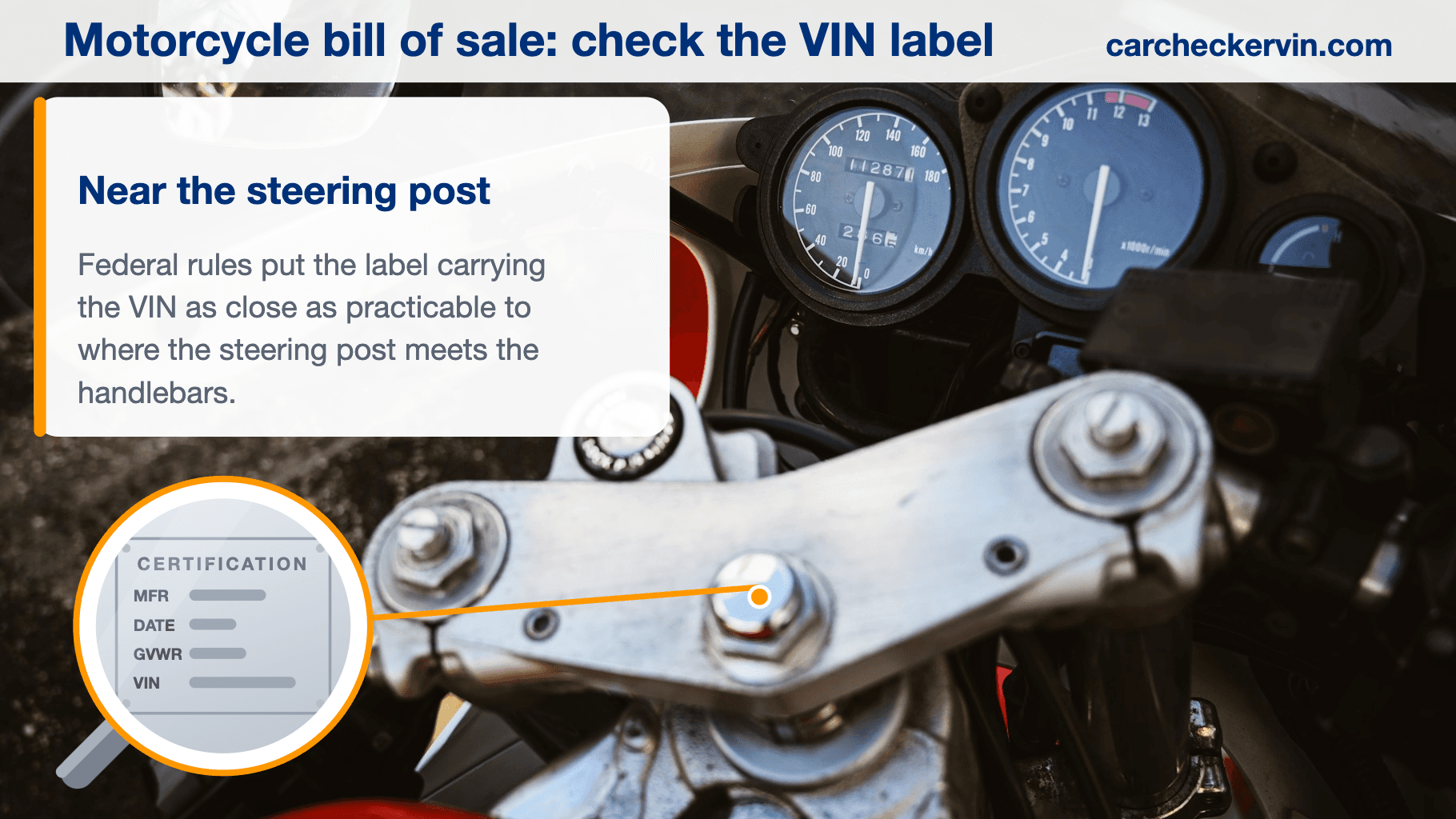 Motorcycle top clamp with a magnifier on where the VIN label goes