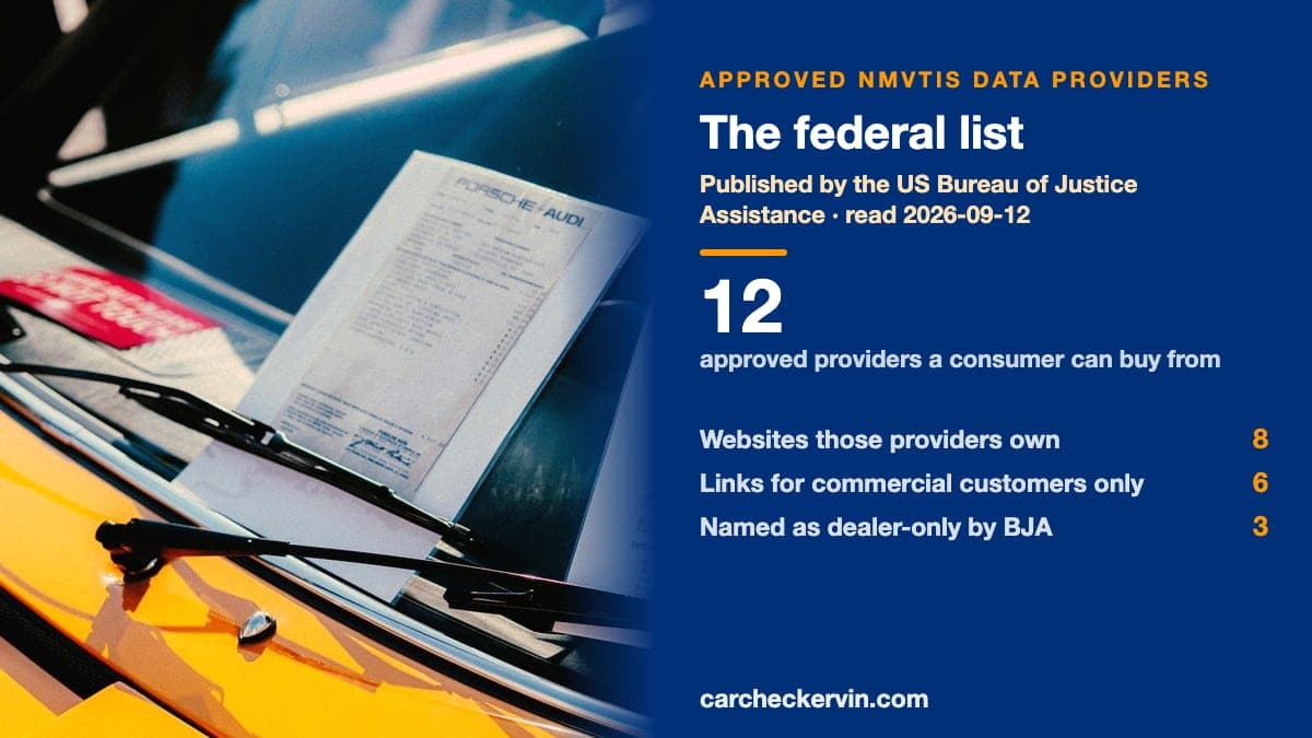 A car's paperwork under a windshield wiper, beside the Bureau of Justice Assistance provider list by category: 12 approved providers a consumer can buy from, 8 websites those providers own, 6 commercial-only links and 3 named dealer-only.