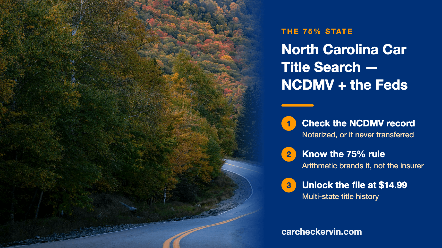 Autumn North Carolina parkway with car title search steps panel