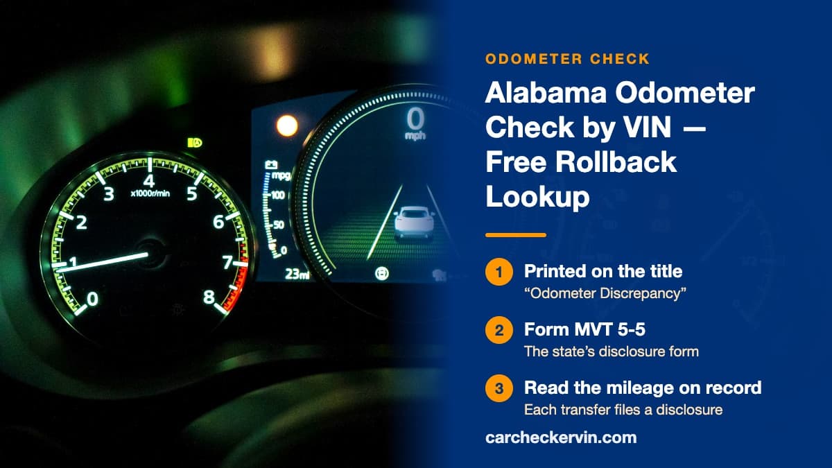 A lit car instrument cluster in Alabama, where the odometer reading is checked against the vehicle's history