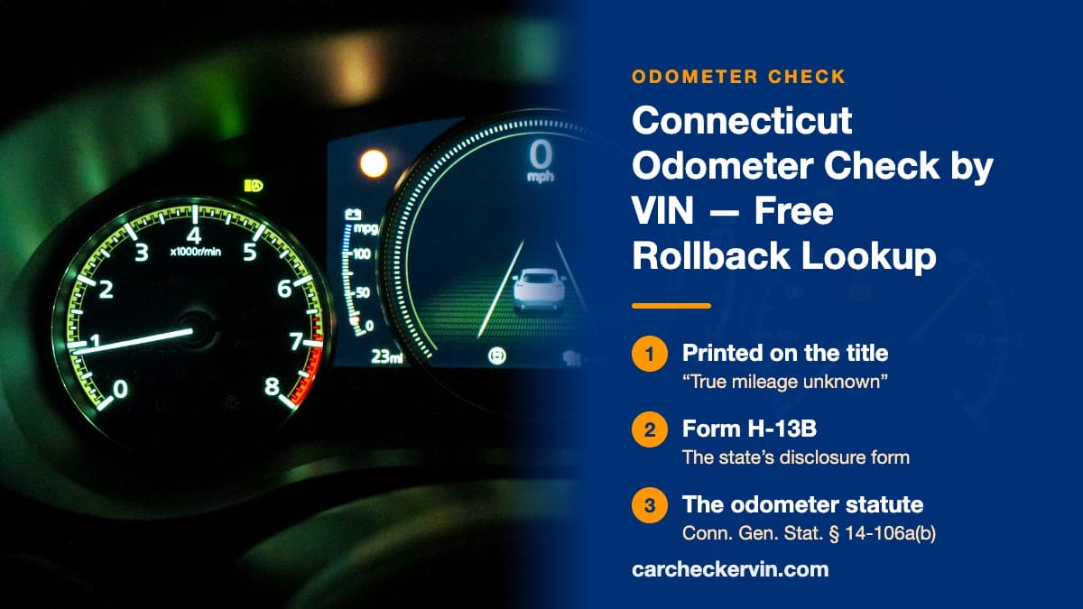 A lit car instrument cluster in Connecticut, where the odometer reading is checked against the vehicle's history