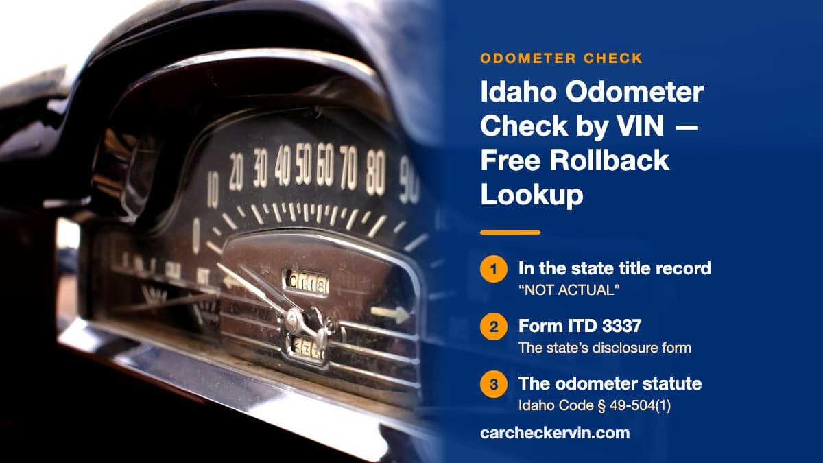 A vintage car's chrome speedometer and mechanical odometer drum in Idaho