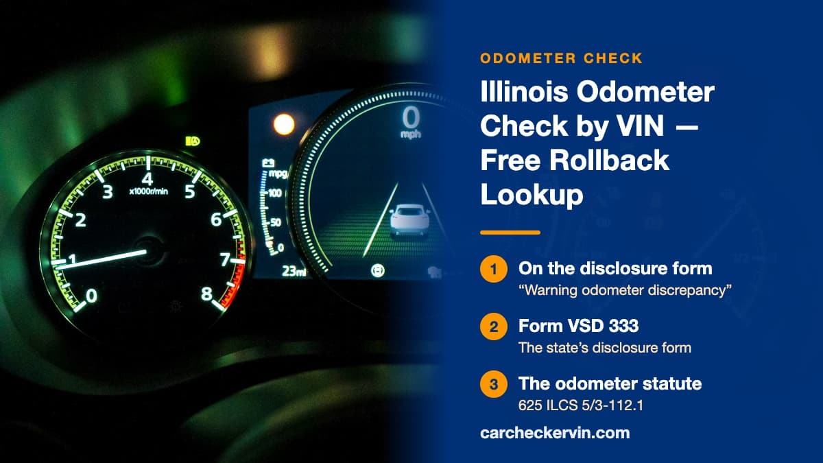 A lit car instrument cluster in Illinois, where the odometer reading is checked against the vehicle's history