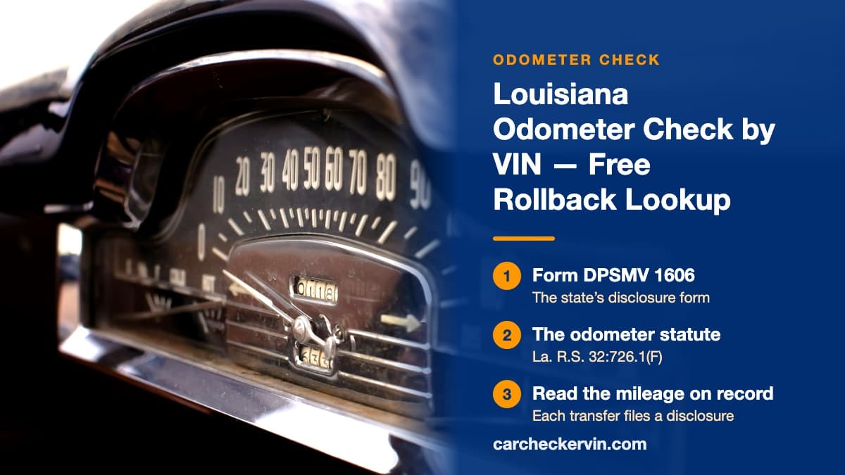 A vintage car's chrome speedometer and mechanical odometer drum in Louisiana