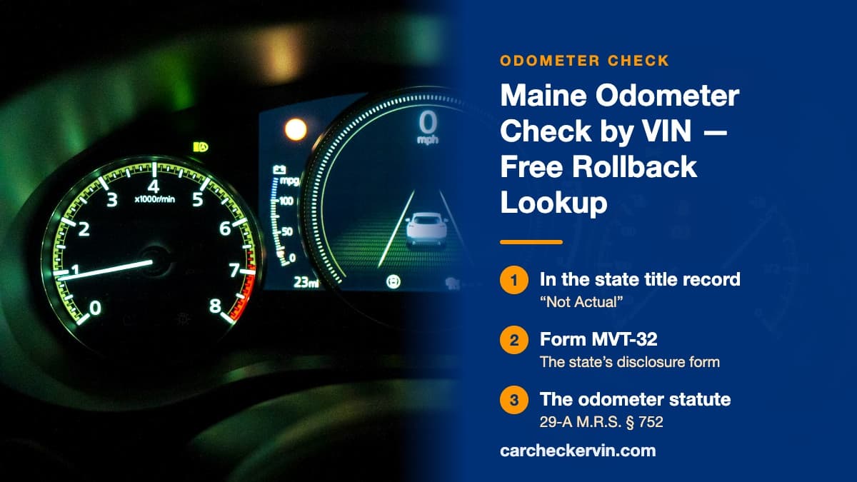 A lit car instrument cluster in Maine, where the odometer reading is checked against the vehicle's history