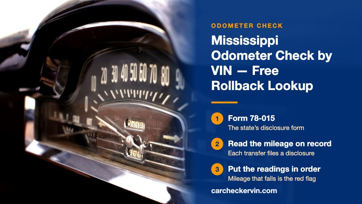 A vintage car's chrome speedometer and mechanical odometer drum in Mississippi