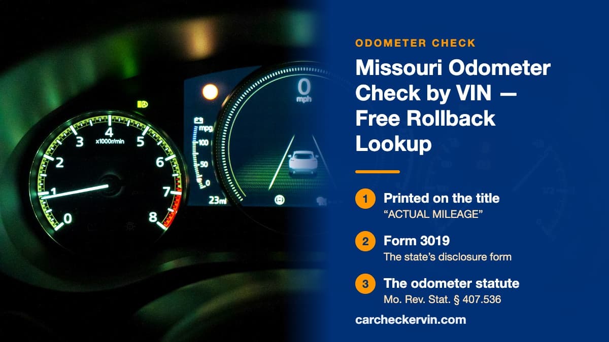 A lit car instrument cluster in Missouri, where the odometer reading is checked against the vehicle's history