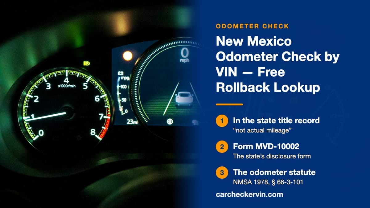 A lit car instrument cluster in New Mexico, where the odometer reading is checked against the vehicle's history