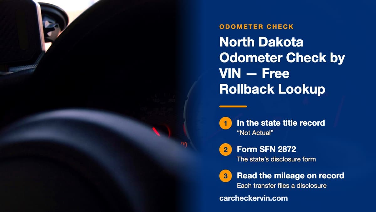 A car's speedometer seen through the steering wheel at dusk in North Dakota