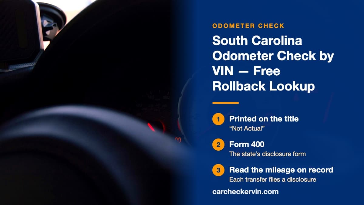 A car's speedometer seen through the steering wheel at dusk in South Carolina